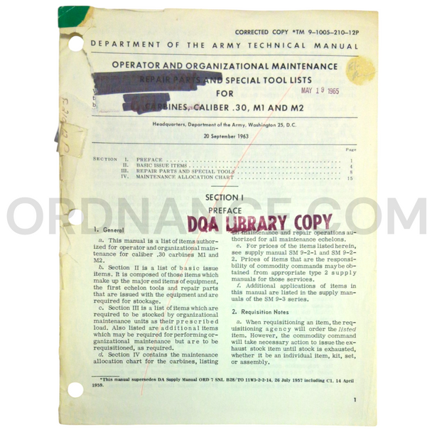 Technical Manual (TM 9-1005-210-12P) for .30cal M1 and M2 Carbines September 1963