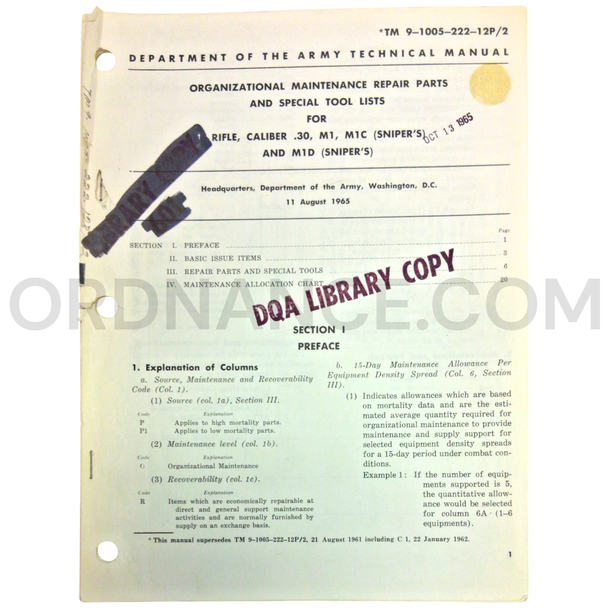 Technical Manual (TM 9-1005-222-12P/2) for .30cal M1, M1C, and M1D Rifles August 1965