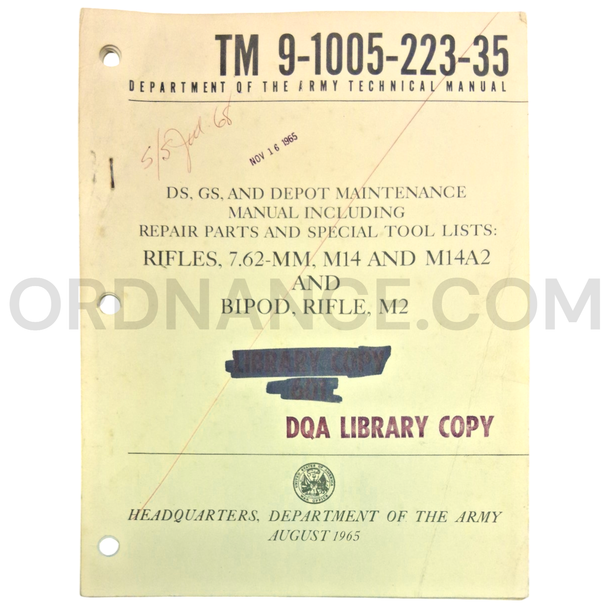 Technical Manual (TM 9-1005-223-35) for 7.62mm M14, M14A2 Rifles and M2 Rifle Bipod August 1965