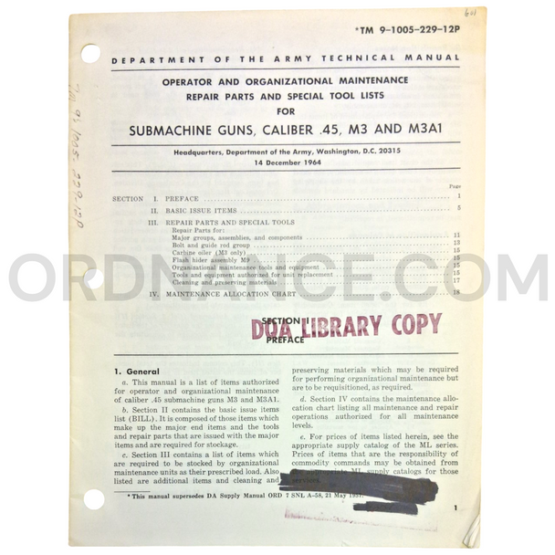 Technical Manual (TM 9-1005-229-12P) for .45cal M3 and M3A1 Submachine Gun December 1964