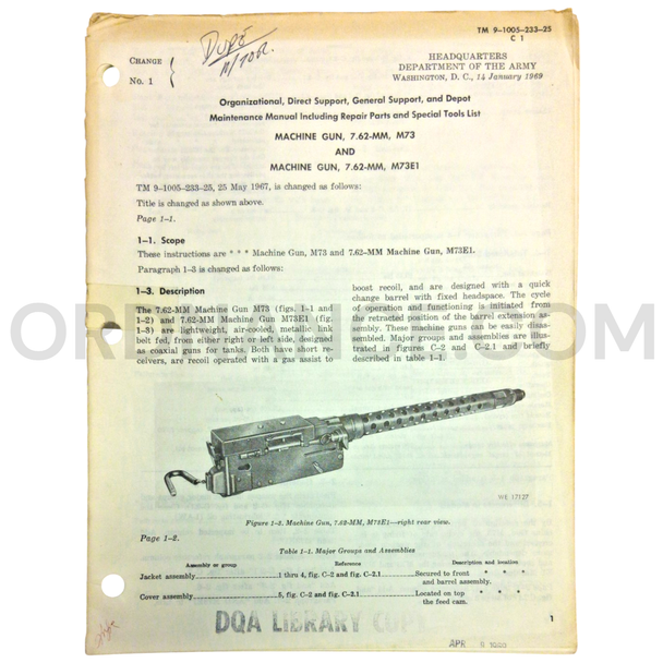 Technical Manual Change 1 (TM 9-1005-233-25) for 7.62mm M73 and M73E1 Machine Guns January 1969