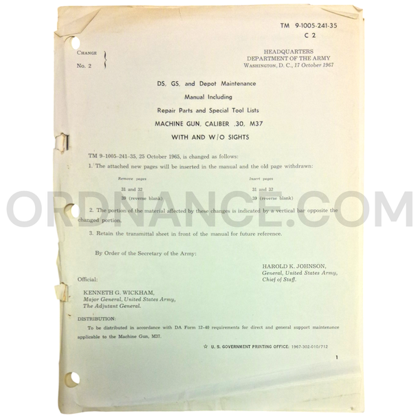 Technical Manual Change 2 (TM 9-1005-241-35) for .30cal M37 Machine Gun With and W/O Sights October 1967