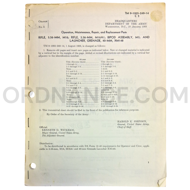 Technical Manual Change 5 (TM 9-1005-249-14) for 5.56mm M16, M16A1 Rifles, M3 Rifle Bipod, and 40mm XM148 Grenade Launcher January 1968