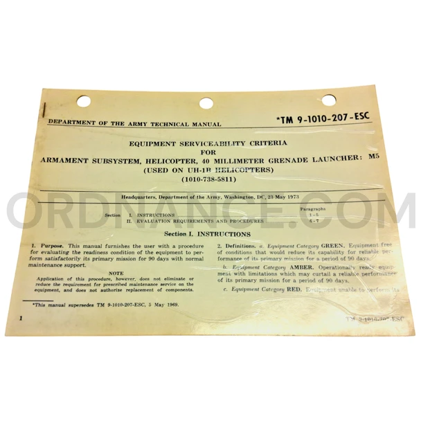 Technical Manual (TM 9-1010-207-ESC) for 40mm Grenade Launcher M5 Armament Subsystem May 1973 FSN 1010-738-5811