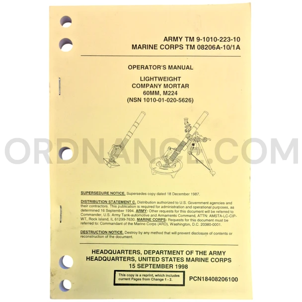 Technical Manual (TM 9-1010-223-10) for 60mm M224 Lightweight Company Mortar September 1998 NSN 1010-01-020-5626