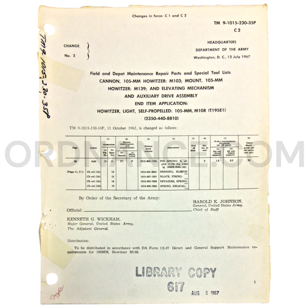 Technical Manual Change 2 (TM 9-1015-230-35P) for 105mm M103 Howitzer Cannon, M139 Mount, and Elevating Mechanism and Auxiliary Drive Assembly July 1967