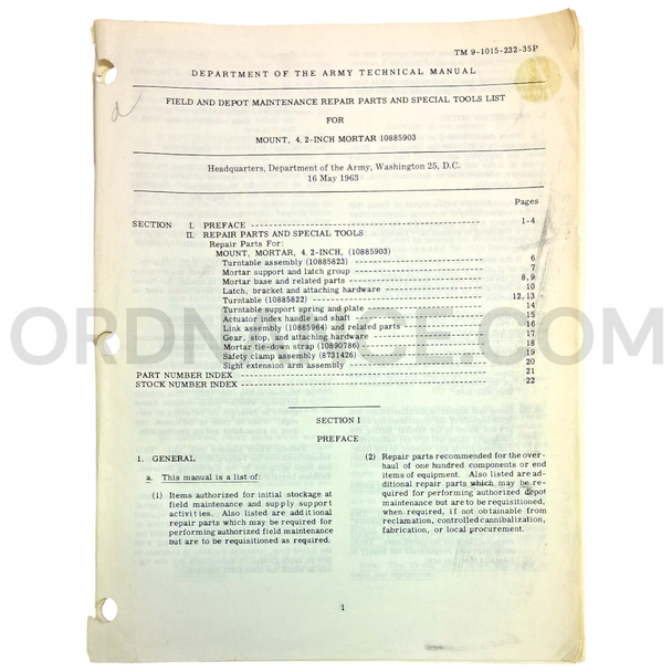 Technical Manual (TM 9-1015-232-35P) for 4.2-Inch Mortar Mount May 1963