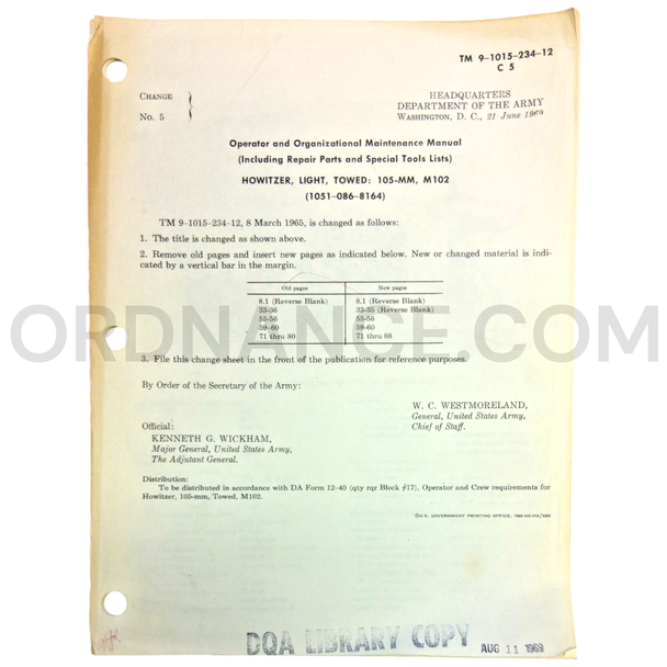Technical Manual Change 5 (TM 9-1015-234-12) for 105mm M102 Towed Light Howitzer June 1969