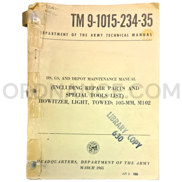 Technical Manual (TM 9-1015-234-35) for 105mm M102 Towed Light Howitzer March 1965