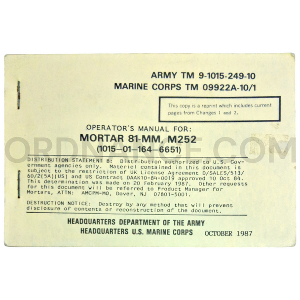 Technical Manual (TM 9-1015-249-10) for 81mm M252 Mortar October 1987 NSN 1015-01-164-6651