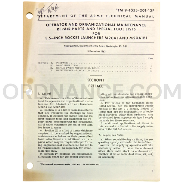 Technical Manual (TM 9-1055-201-12P) for 3.5-Inch M20A1 and M20A1B1 Rocket Launchers December 1962