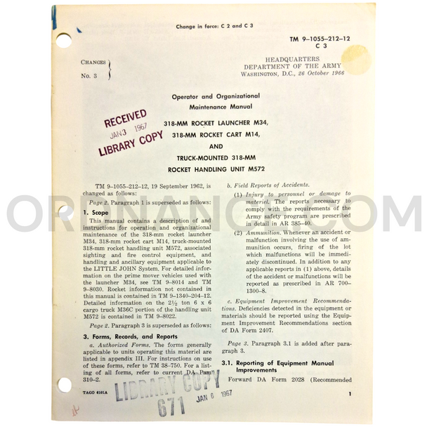 Technical Manual Change 3 (TM 9-1055-212-12) for 318mm M34 Rocket Launcher, M14 Rocket Cart, and M572 Truck-Mounted Rocket Handling Unit October 1966