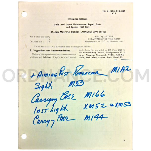 Technical Manual Change 1 (TM 9-1055-215-35P) for 115mm M91/T145 Multiple Rocket Launcher December 1962
