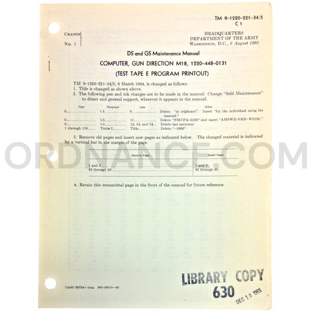 Technical Manual Change 1 (TM 9-1220-221-34/5) for M18 Gun Direction Computer August 1965 FSN 1220-448-0131
