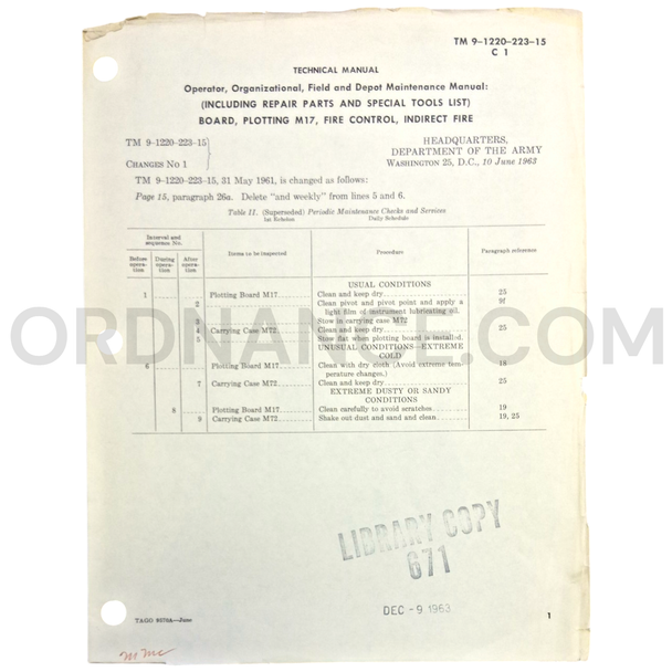 Technical Manual Change 1 (TM 9-1220-223-15) for M17 Indirect Fire Plotting Board June 1963