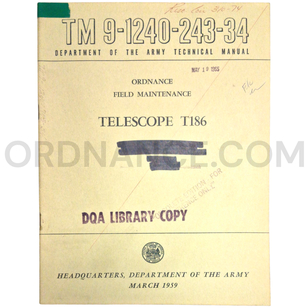 Technical Manual (TM 9-1240-243-34) for T186 Telescope March 1959