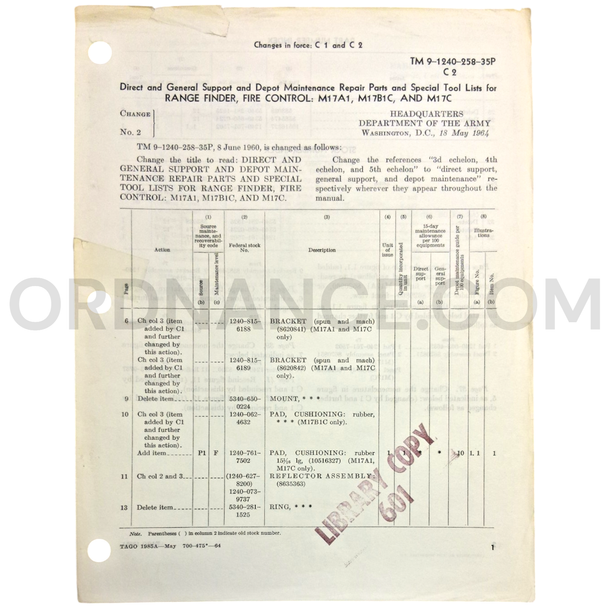 Technical Manual Change 2 (TM 9-1240-258-35P) for M17A1, M17B1C, and M17C Fire Control Range Finders May 1964