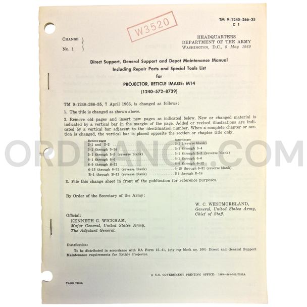 Technical Manual Change 1 (TM 9-1240-266-35) for M14 Reticle Image Projector May 1969 FSN 1240-572-8739