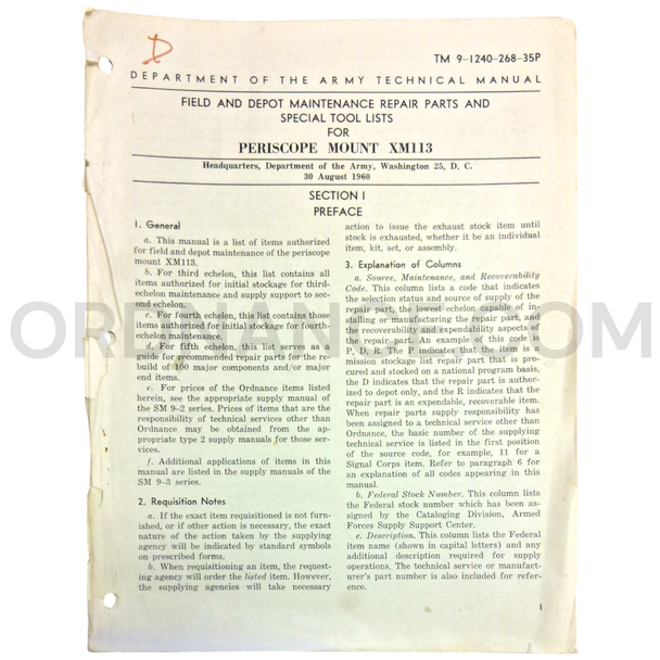 Technical Manual (TM 9-1240-268-35P) for XM113 Periscope Mount August 1960