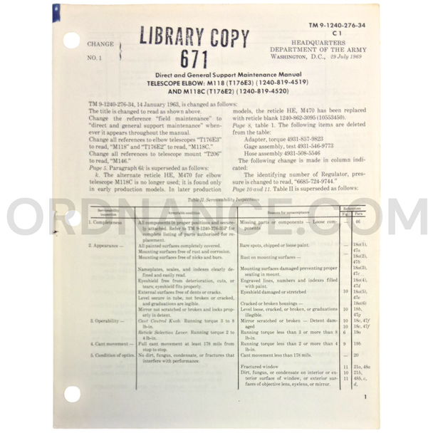Technical Manual Change 1 (TM 9-1240-276-34) for T176E2 and T176E3 Elbow Telescopes January 1963