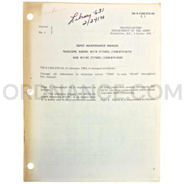 Technical Manual Change 1 (TM 9-1240-276-50) for M118/T176E3 and M118C/T176E2 Elbow Telescopes October 1969 FSN 1240-819-4519