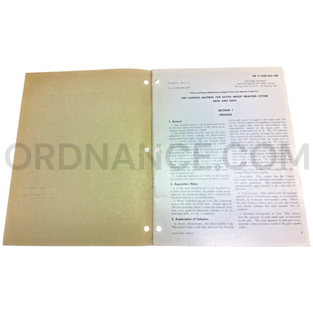 Technical Manual (TM 9-1240-284-35P) for "Davy Crockett" XM28 and XM29 Battle Group Weapon Systems Fire Control Materiel January 1961
