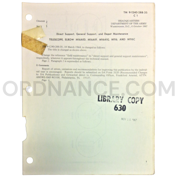 Technical Manual Change 1 (TM 9-1240-288-35) for M16A1D, M16A1F, M16A1G, M116, and M116C Elbow Telescopes October 1967