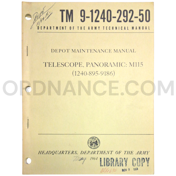 Technical Manual (TM 9-1240-292-50) for M115 Panoramic Telescope May 1964 FSN 1240-895-9186