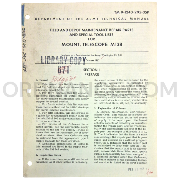 Technical Manual (TM 9-1240-295-35P) for M138 Telescope Mount October 1962