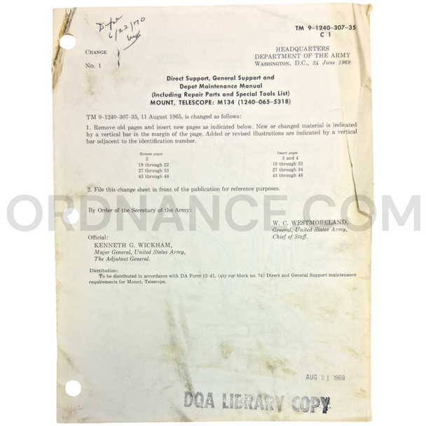 Technical Manual Change 1 (TM 9-1240-307-35) for M134 Telescope Mount June 1969 FSN 1240-065-5318