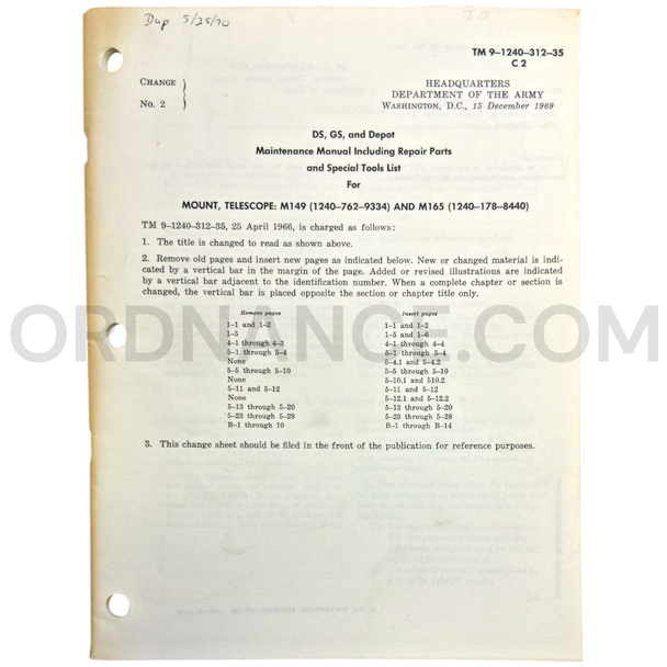 Technical Manual Change 2 (TM 9-1240-312-35) for M149 and M165 Telescope Mounts December 1969 FSN 1240-762-9334