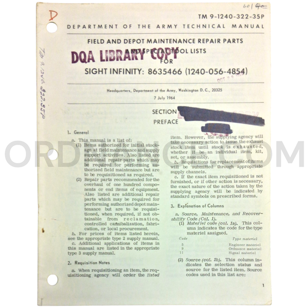 Technical Manual (TM 9-1240-322-35P) for Infinity Sight July 1964 FSN 1240-056-4854