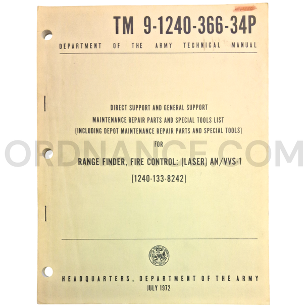 Technical Manual (TM 9-1240-366-34P) for AN/VVS-1 Fire Control Range Finder July 1972 FSN 1240-133-8242