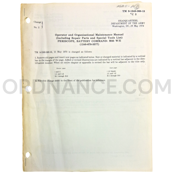 Technical Manual Change 2 (TM 9-1240-368-12) for M65 Battery Command Periscope May 1974 FSN 1240-678-5577