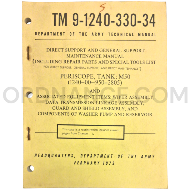 Technical Manual (TM 9-1240-330-34) for M50 Tank Periscope February 1973 NSN 1240-00-950-2805