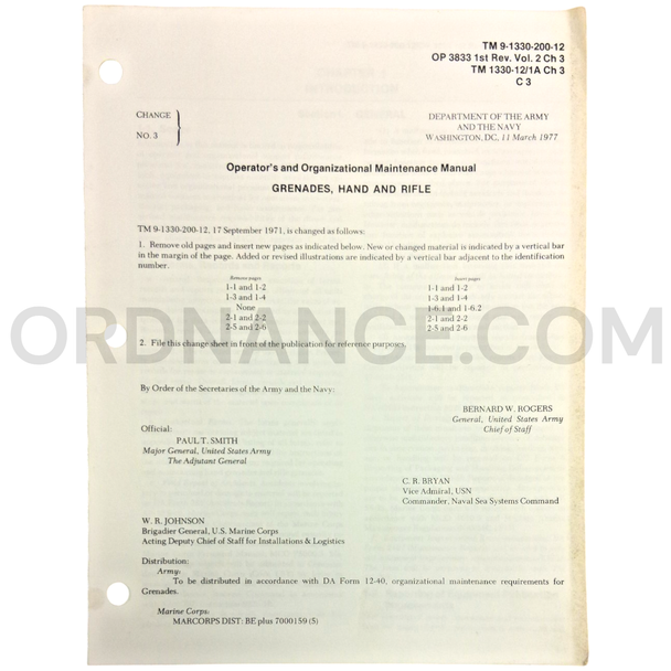 Technical Manual Change 3 (TM 9-1330-200-12) for Hand and Rifle Grenades March 1977