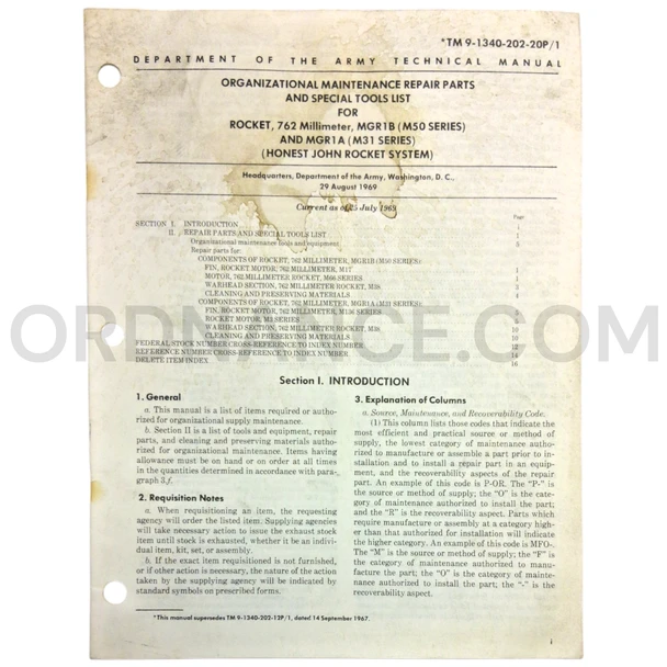 Technical Manual (TM 9-1340-202-20P/1) for 762mm MGR-1A/M31 Series and MGR-1B/M50 Series "Honest John" Rockets August 1969