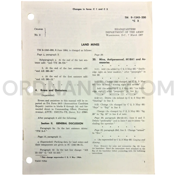Technical Manual Change 3 (TM 9-1345-200) for Land Mines March 1967