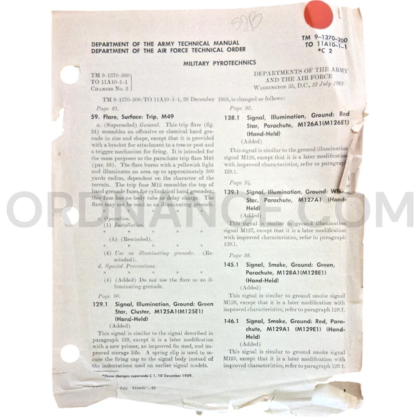 Technical Manual Change 2 (TM 9-1370-200) for Military Pyrotechnics July 1961