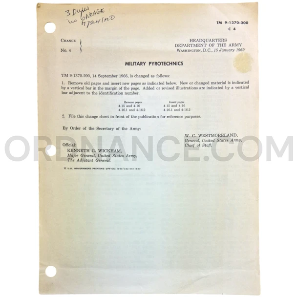 Technical Manual Change 4 (TM 9-1370-200) for Military Pyrotechnics January 1969