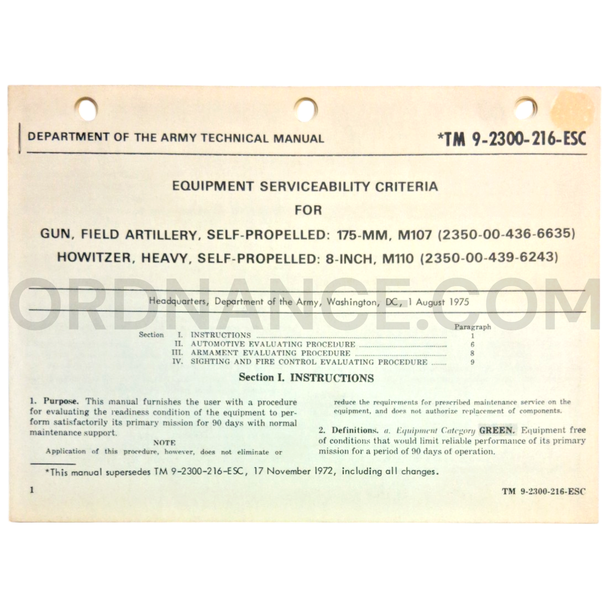 Technical Manual (TM 9-2300-216-ESC) for 175mm M107 Self Propelled Field Artillery Gun and 8-Inch M110 Self Propelled Howitzer August 1975 NSN 2350-00-436-6635