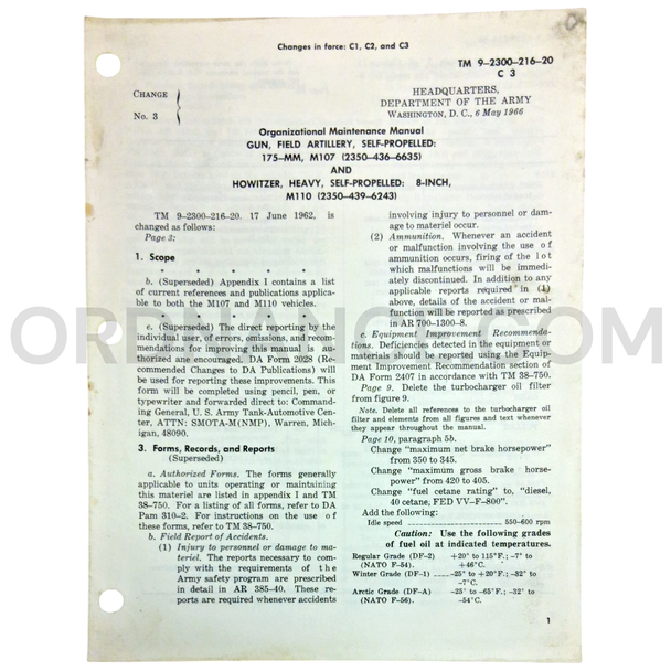 Technical Manual Change 3 (TM 9-2300-216-20) for 175mm M107 Self Propelled Field Artillery Gun and 8-Inch M110 Self Propelled Howitzer May 1966 FSN 2350-436-6635