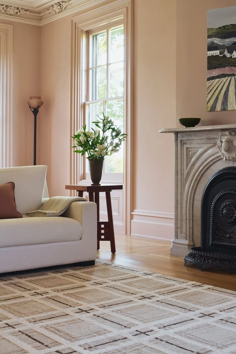 Turner Natural plaid wool rug in a parlor