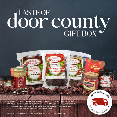 Taste of Door County Gift box filled with our Favorite Door County products. This cherry themed gift box is perfect for all occasions. Taste of Door County Gift box filled with our Favorite Door County products. This cherry themed gift box is perfect for all occasions.