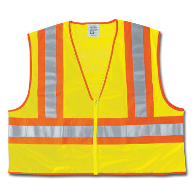 FLUORESCENT LIME SAFETYVEST W/ ORNG/SIL STRIPES
