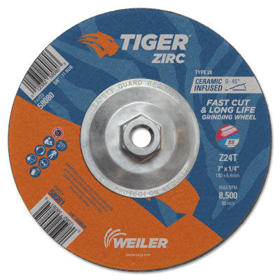 7 X 1/4 TIGER ZIRC T28 GRIND WHEEL  Z24T  5/8-11