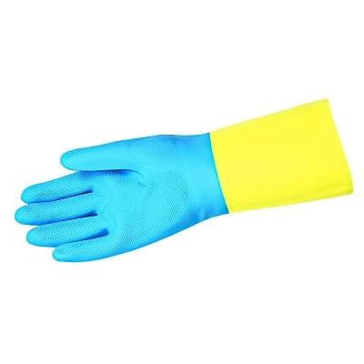 SIZE 9 BLUE NEOPRENE OVER YELLOW LATEX GLOVE