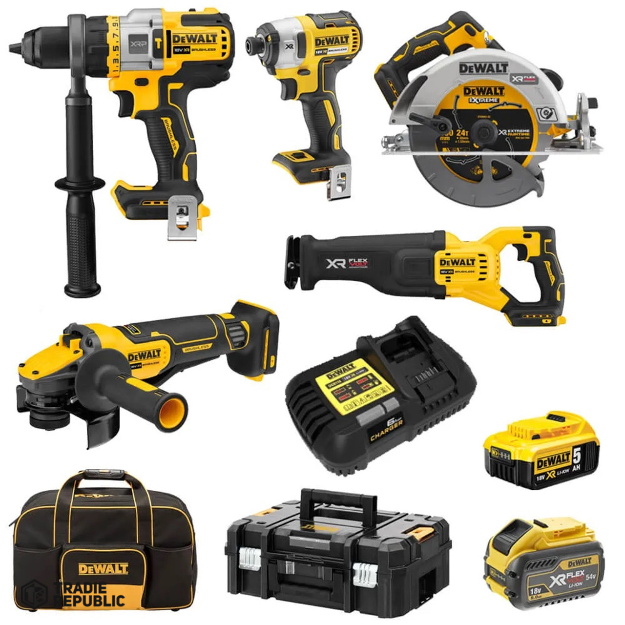 DCZ586P1T1T-XE DeWalt DCZ586P1T1T-XE 18V 6.0Ah/5.0Ah FlexVolt Advantage XR Li-Ion Cordless Brushless 5pce Combo Kit