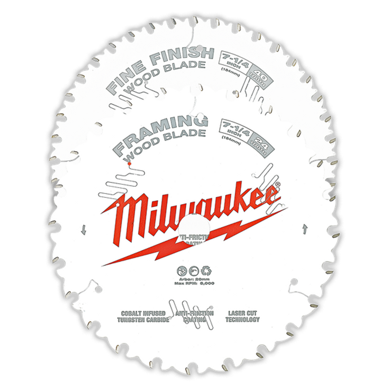 Milwaukee 184mm 7-1/4" Wood Circular Saw Blade Set - 24T Framing & 40T Fine Finish