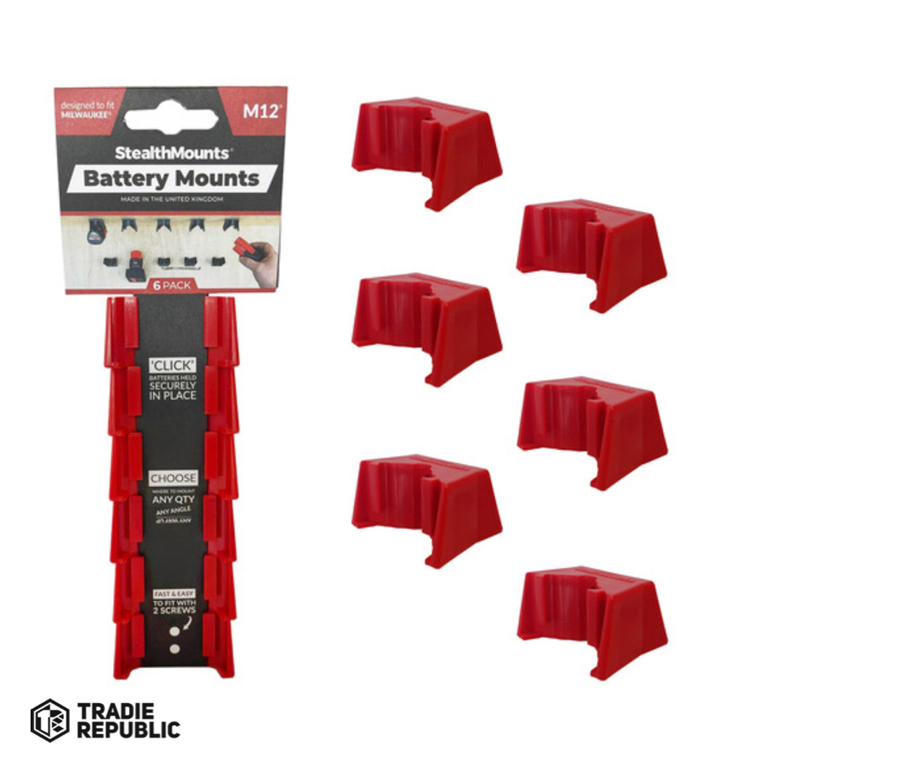 BMMW12RED6 StealthMounts Red Battery Mounts For Milwaukee M12 - 6pack